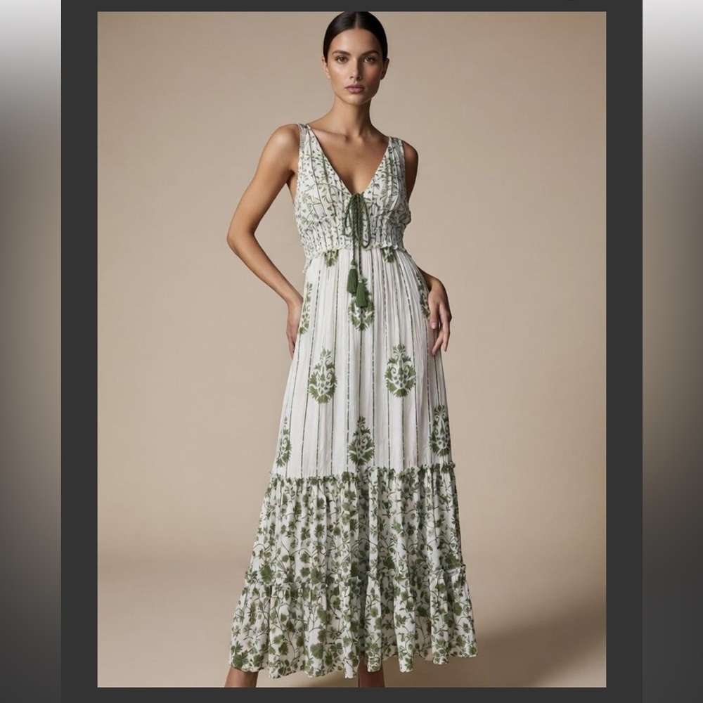 Floral Green and White EGYPTIAN Maxi Dress